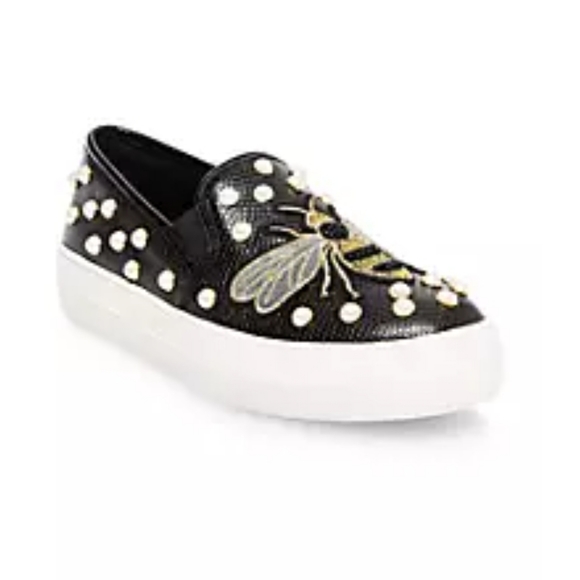 STEVE MADDEN POLLY BEE LEATHER SLIP-ON EMBROIDERED PLATFORM SNEAKER WOMEN'S 7.5M - Picture 1 of 16